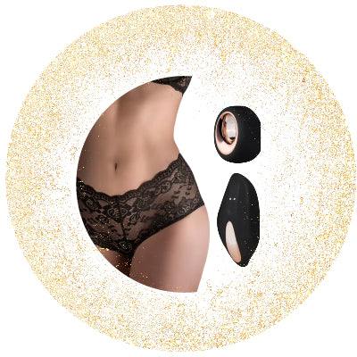 Vibrator, remote control and lace panties in black lace in a gold circle