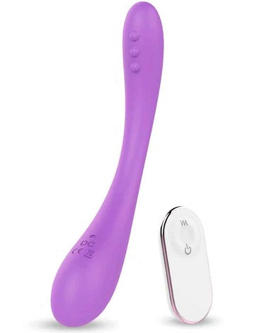 Clare bendable vibrator in purple, next to a white remote control