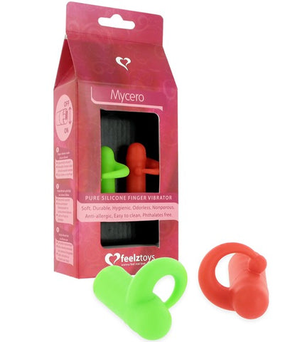 Felztoys Mycero fingertip vibartors. One in green, one in red, in front of the red packaging.