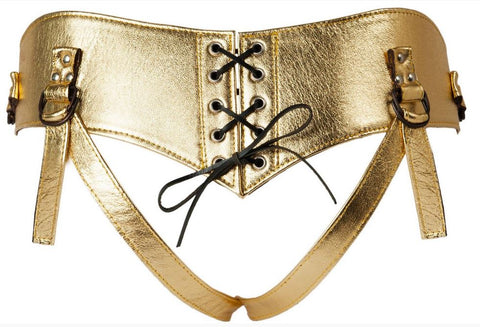 Corset-back strap-on harness on gold leather