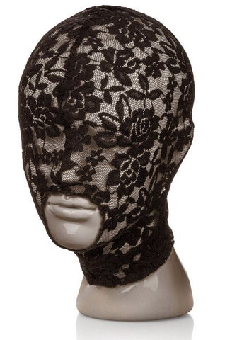 A black lace hood with an opening for mouth
