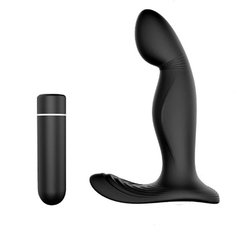 A prostate massager in matte black silicone, with  removable black bullet vibrator.