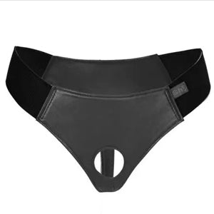 a black leather thong harness