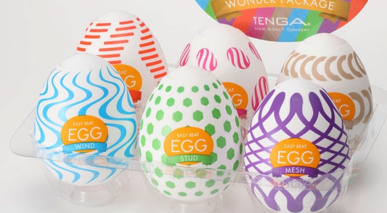 A clear egg box with six colourful tenga eggs for masturbation