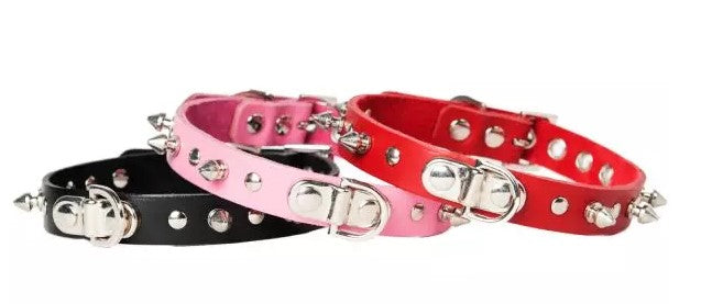 leather collars in black, red and pink