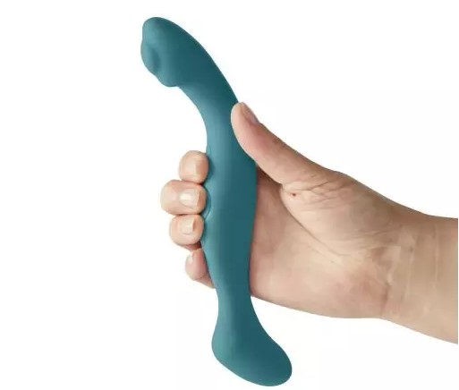 A hand without nail polish holding a Lora di Carlo Sway vibrator in teal 