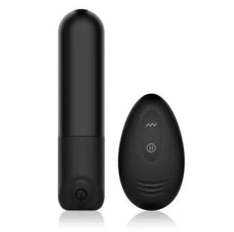 A small black bullet vibrator and a remote control, both in black 