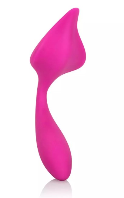A pink vibrator with non-identical ends. One end is shaped like a leaf and the other end is rounded. 
