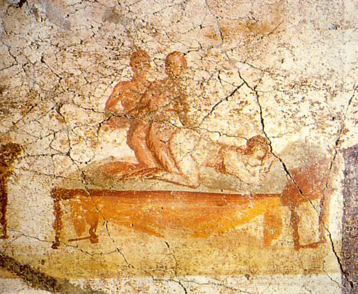 Fresco from the Pompei Suburban baths of a 2 male and 1 female threesome.