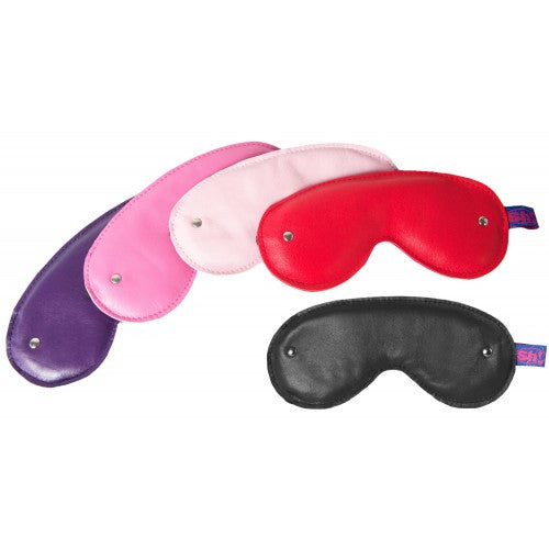 Sh! Leather Blindfolds in purpkle, pink, baby pink, red and black