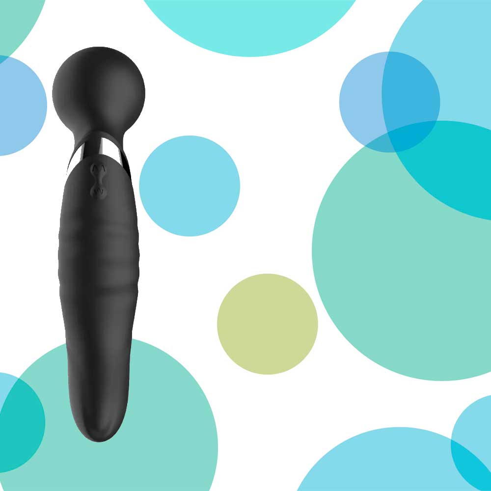 Orva blak wand massager on a white backfround with blue circles