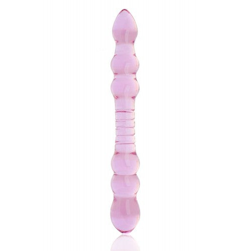 Pink glass dildo with beads and ripples along the shaft