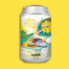 Brightly illustrated can of Heroes craft beer