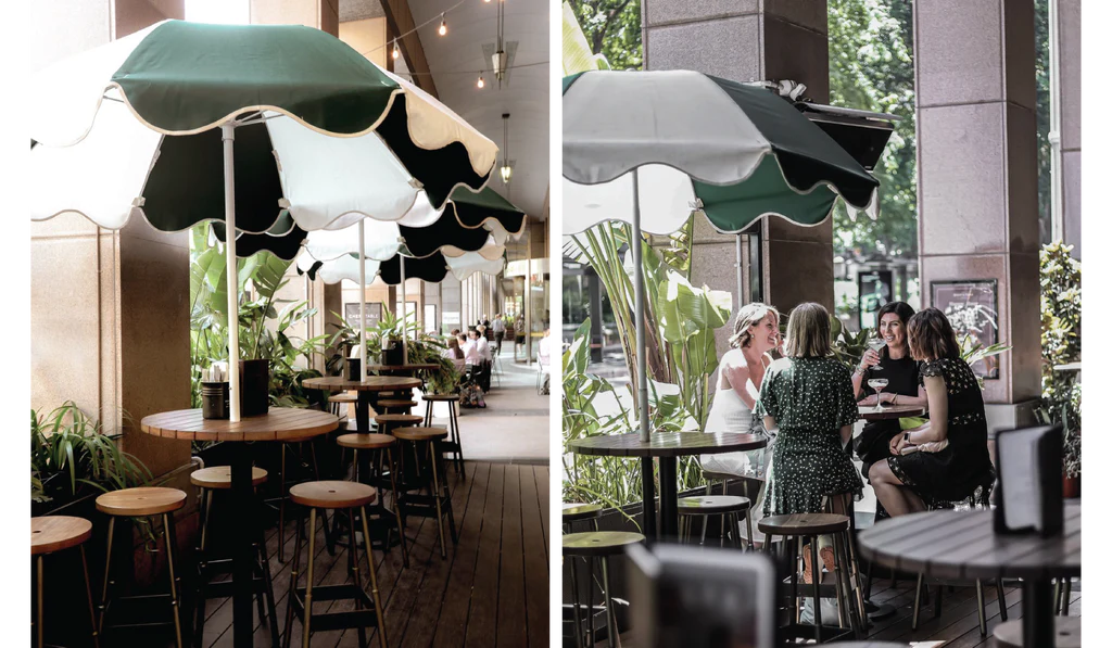 Elegant dining at Bopp & Tone, Sydney, with design by Luchetti Krelle, inspired by its founders and adorned with the iconic Soleil sun umbrella.