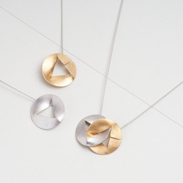 Sterling Silver 925  pendant "Log θ Theta". It has two connect in one and modern design. Two-tone color of silver and gold by japanese jewelry brand MENTOSEN.