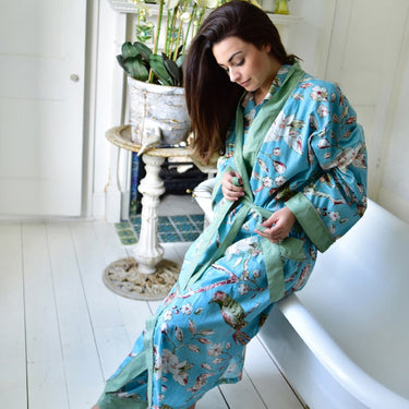 Blue & Green Blossom Kimono Dressing Gown