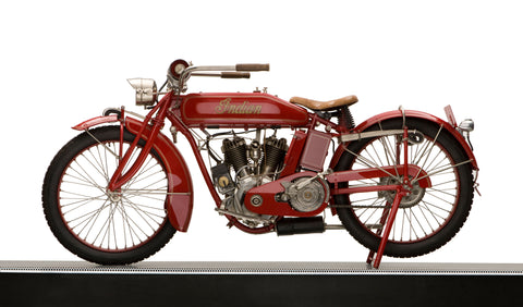 side view of a 1916 Indian power plus, ridden by Augusta & Adeline Van Burn