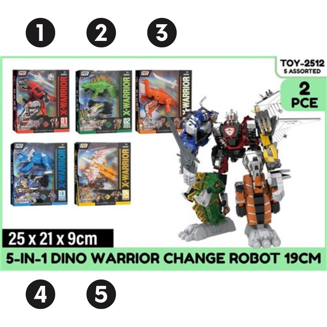 5 in 1 Dino Warrior Change Robot 2pce 19cm 5 Asstd