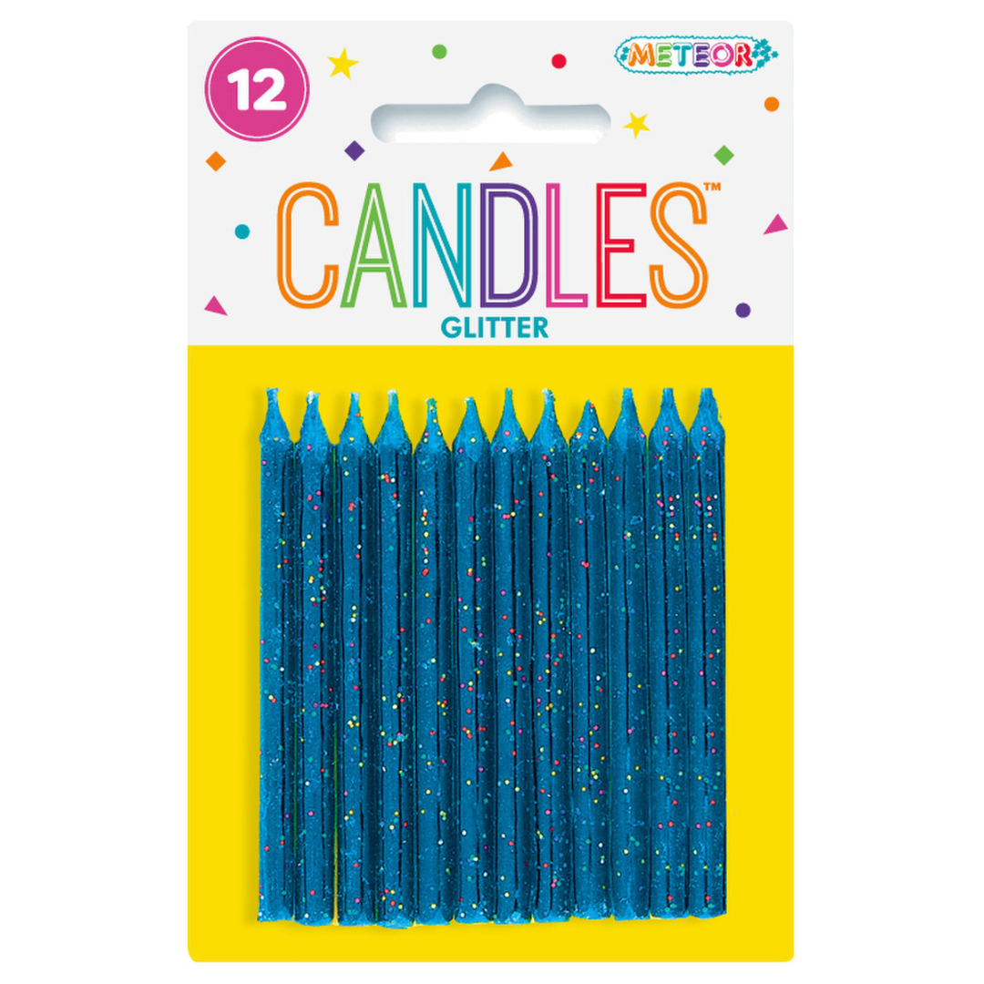 12 Glitter Candles - Blue