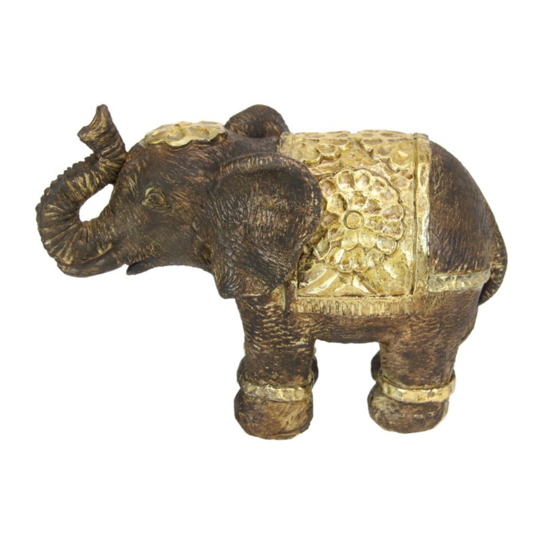 17Cm Long Brown Elephant W/Gold