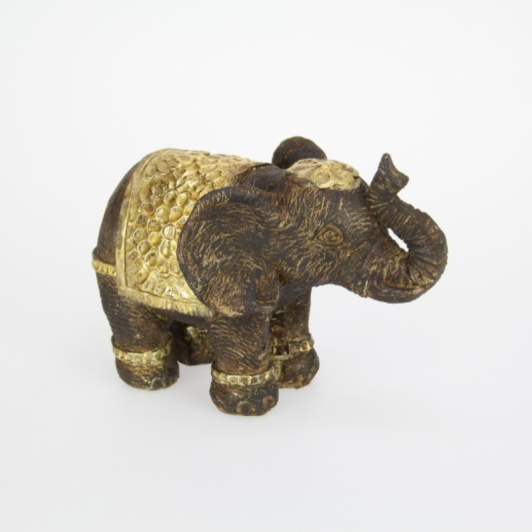 17Cm Long Brown Elephant W/Gold