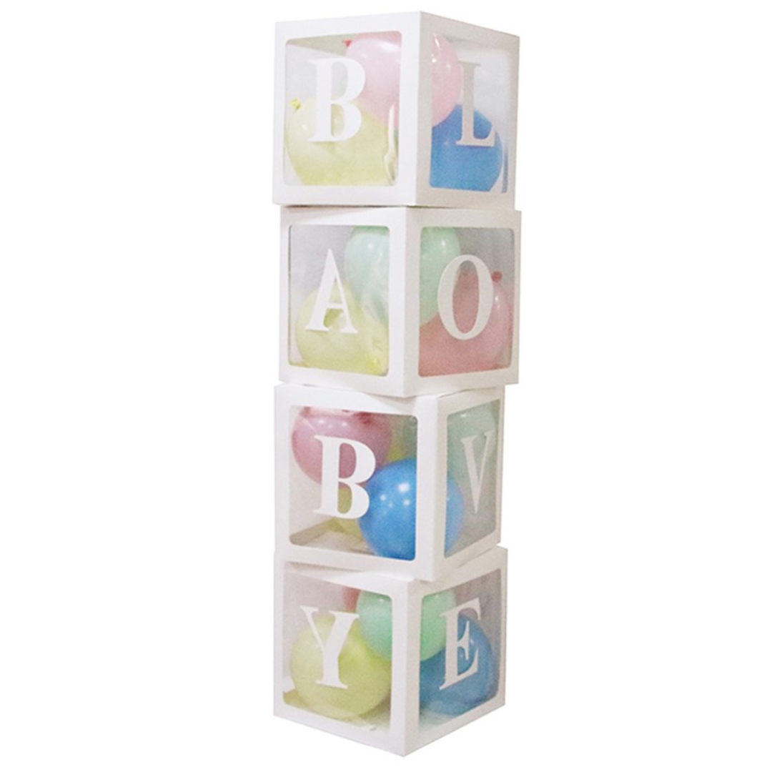 4 White Balloon Boxes W/ Baby & Love Stickers Box Size 30X30X30Cm