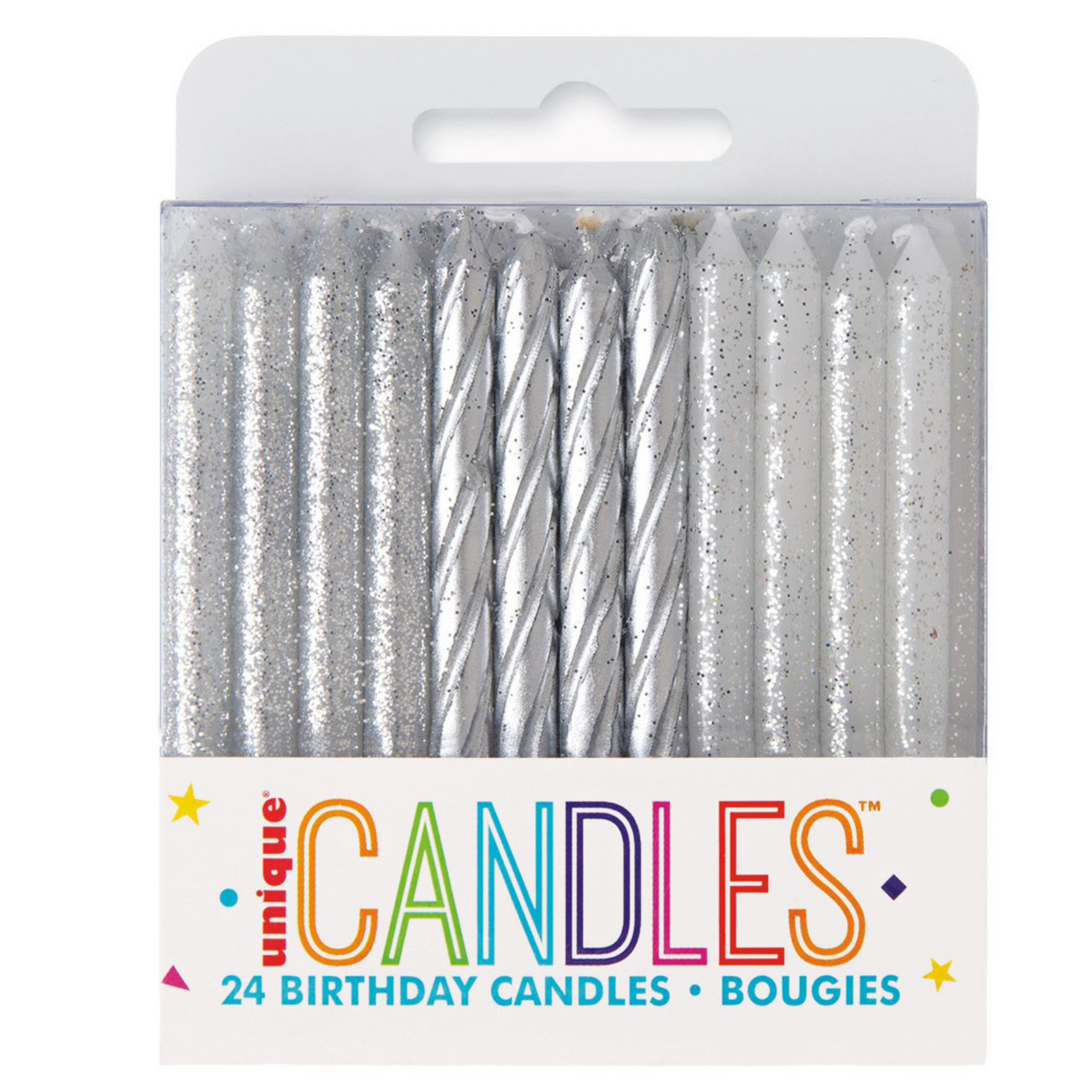 24 Silver & Silver Glitter Assorted Spiral Candles