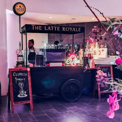 Our most popular mobile coffee bar set up in a vibrant purple event