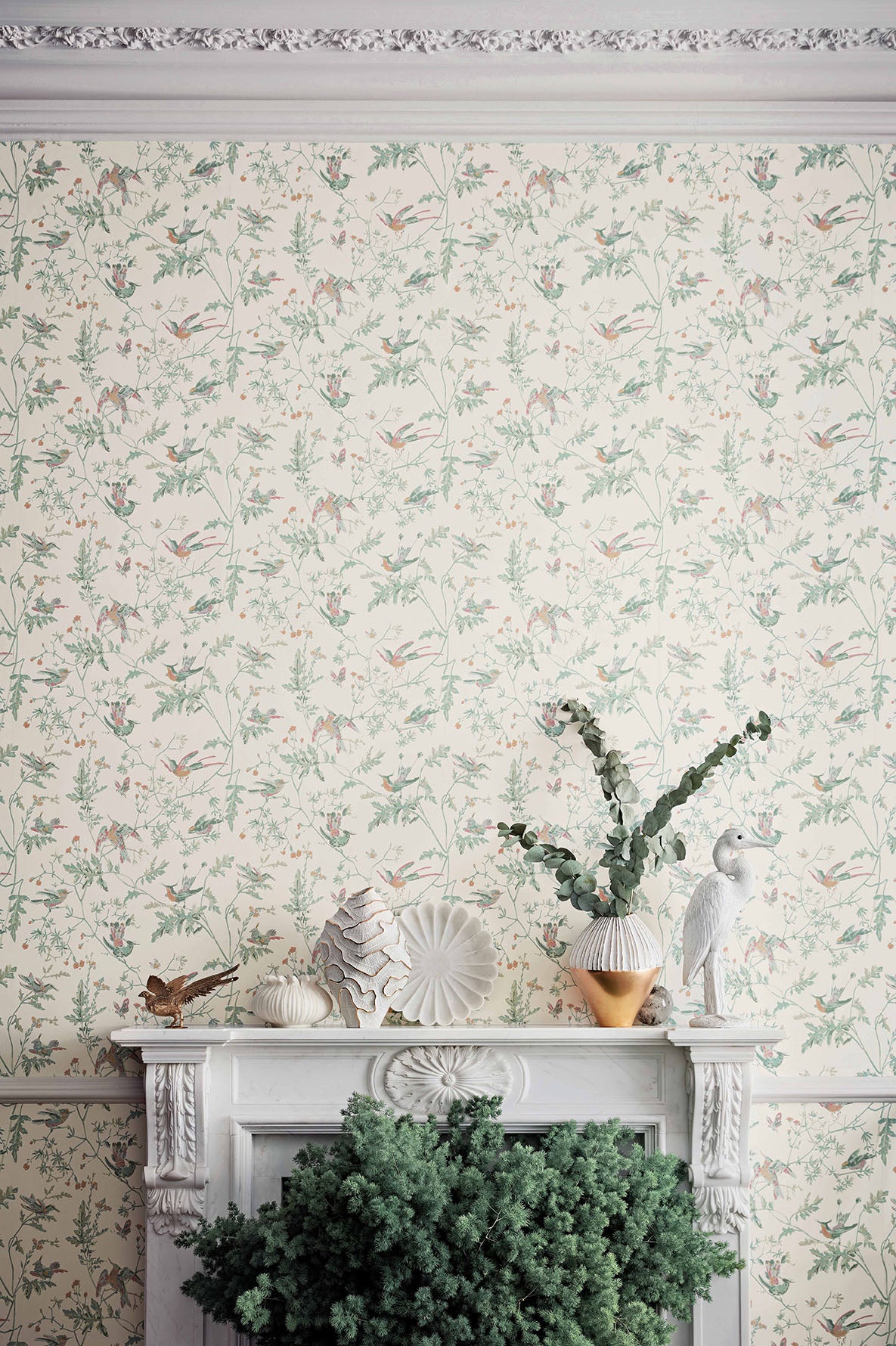 Powder Room with with Cole and Son Archive Anthology Hummingbirds Wallpaper   Transitional  Bathroom