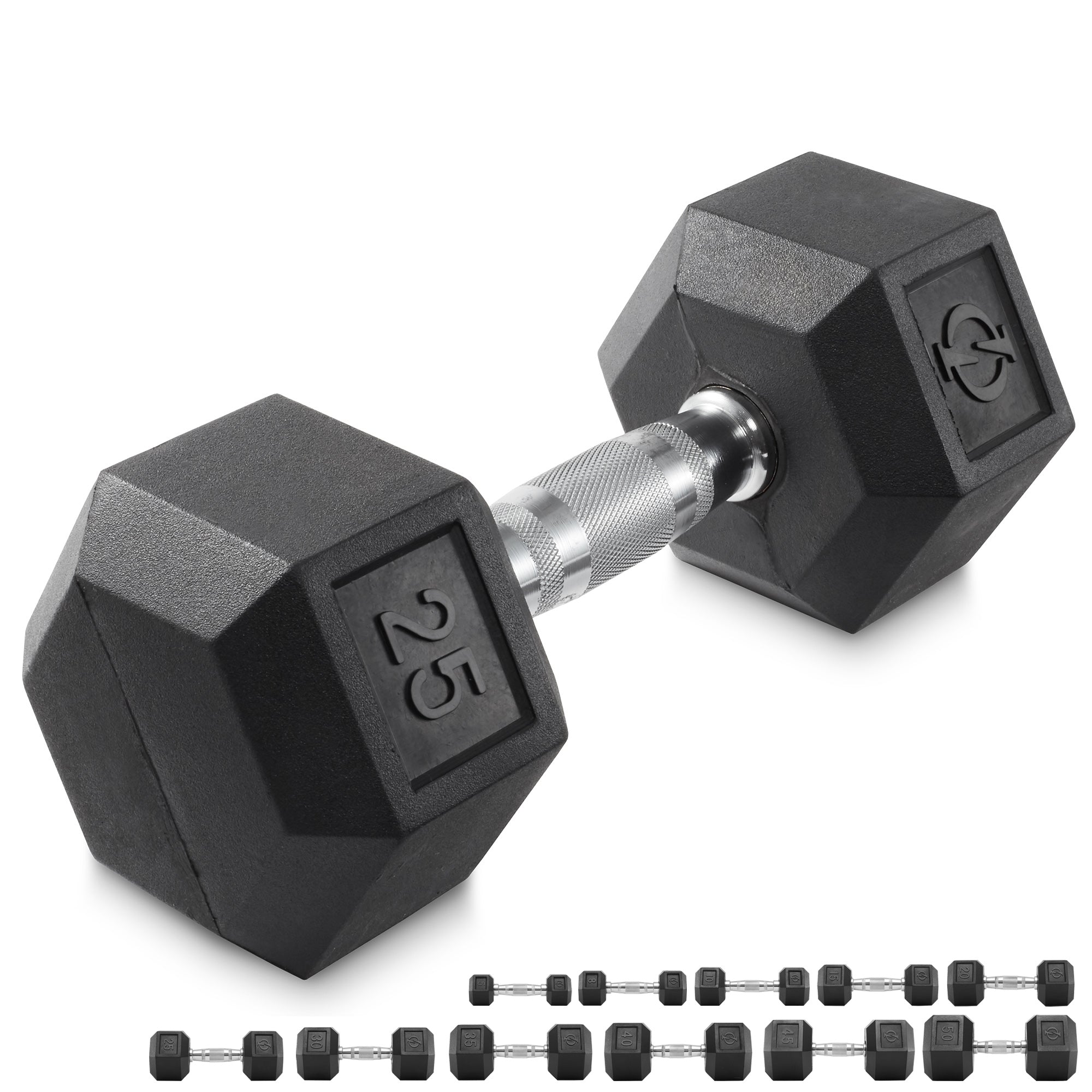 Rubber Coated Hex Dumbbell, Cast Iron Hand Weights, 25 lb to 50 Pound - philosophygym.com product image