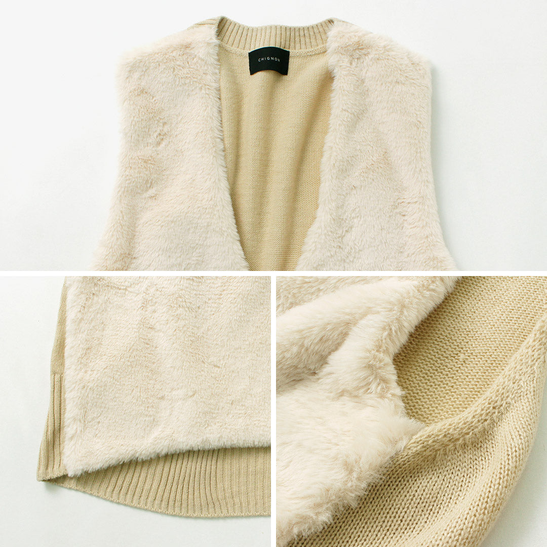 CHIGNON（シニヨン） ファードッキング ベスト / レディース ニット 無地 Vネック Fur docking vest