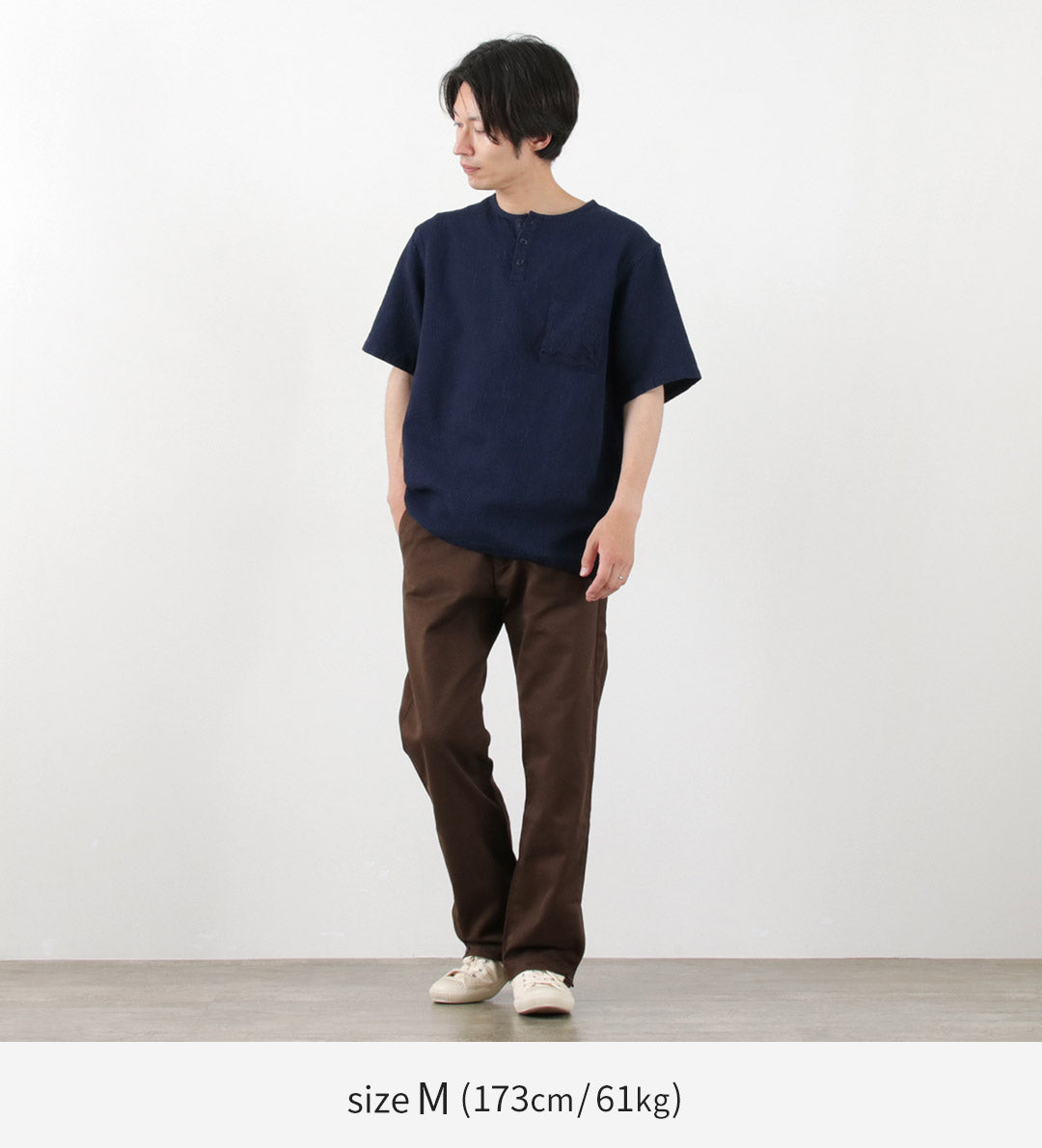 FOB FACTORY（FOBファクトリー） F3493 インディゴ ワッフル Tシャツ / トップス 半袖 メンズ ヘンリーネック 日本製  INDIGO WAFFLE-T