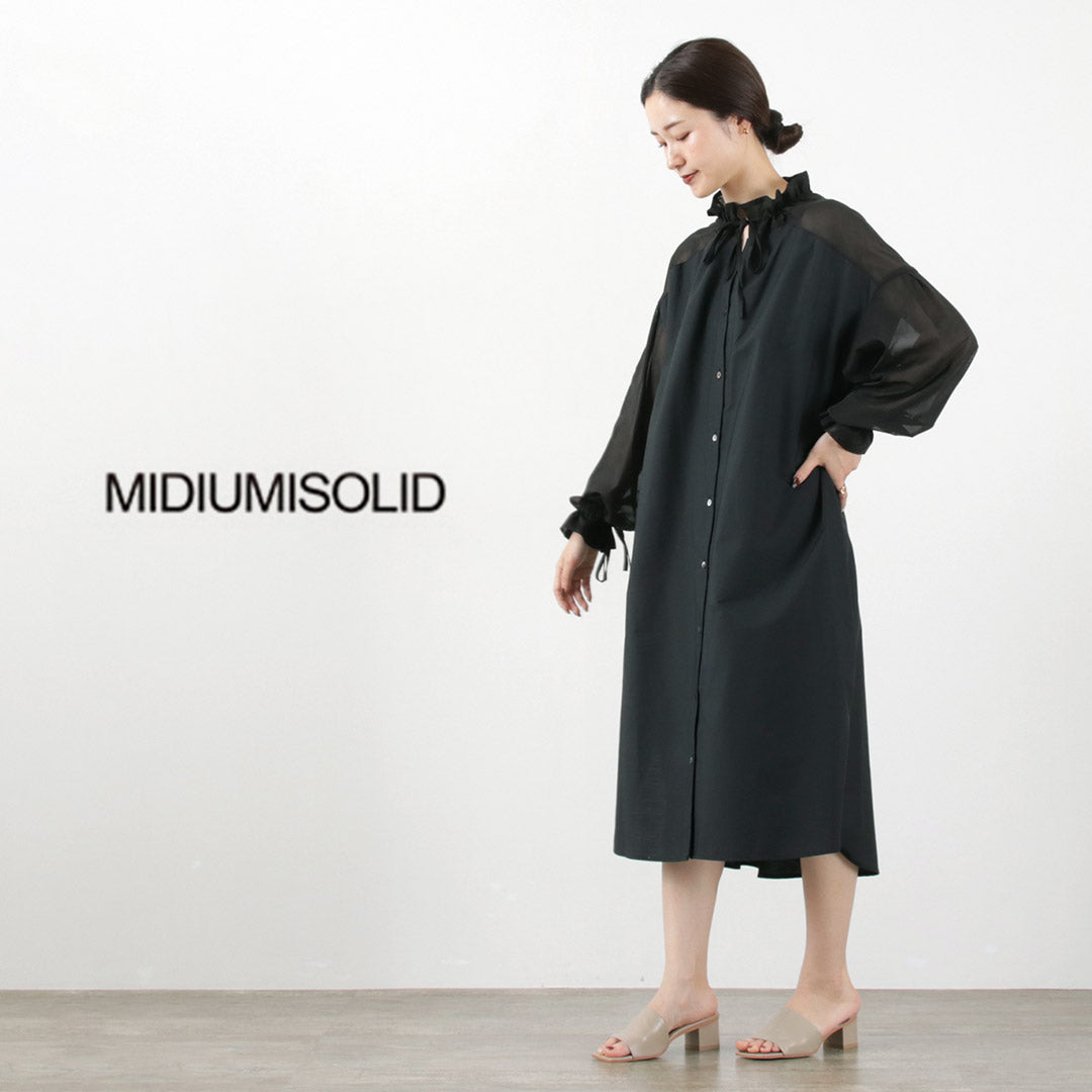 【50％OFF】MIDIUMISOLID（ミディウミソリッド） シアースイッチング シャツワンピース / レディース ブラウス 長袖 綿 コットン  リボン Sheer Switching Shirt-OP【セール】