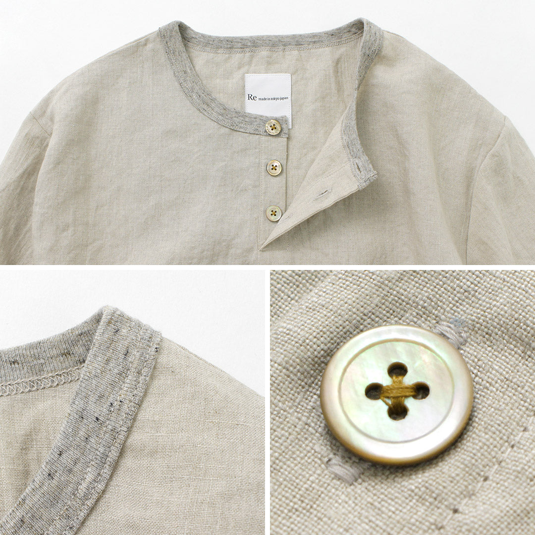 RE MADE IN TOKYO JAPAN French Linen Henley Neck T-Shirt