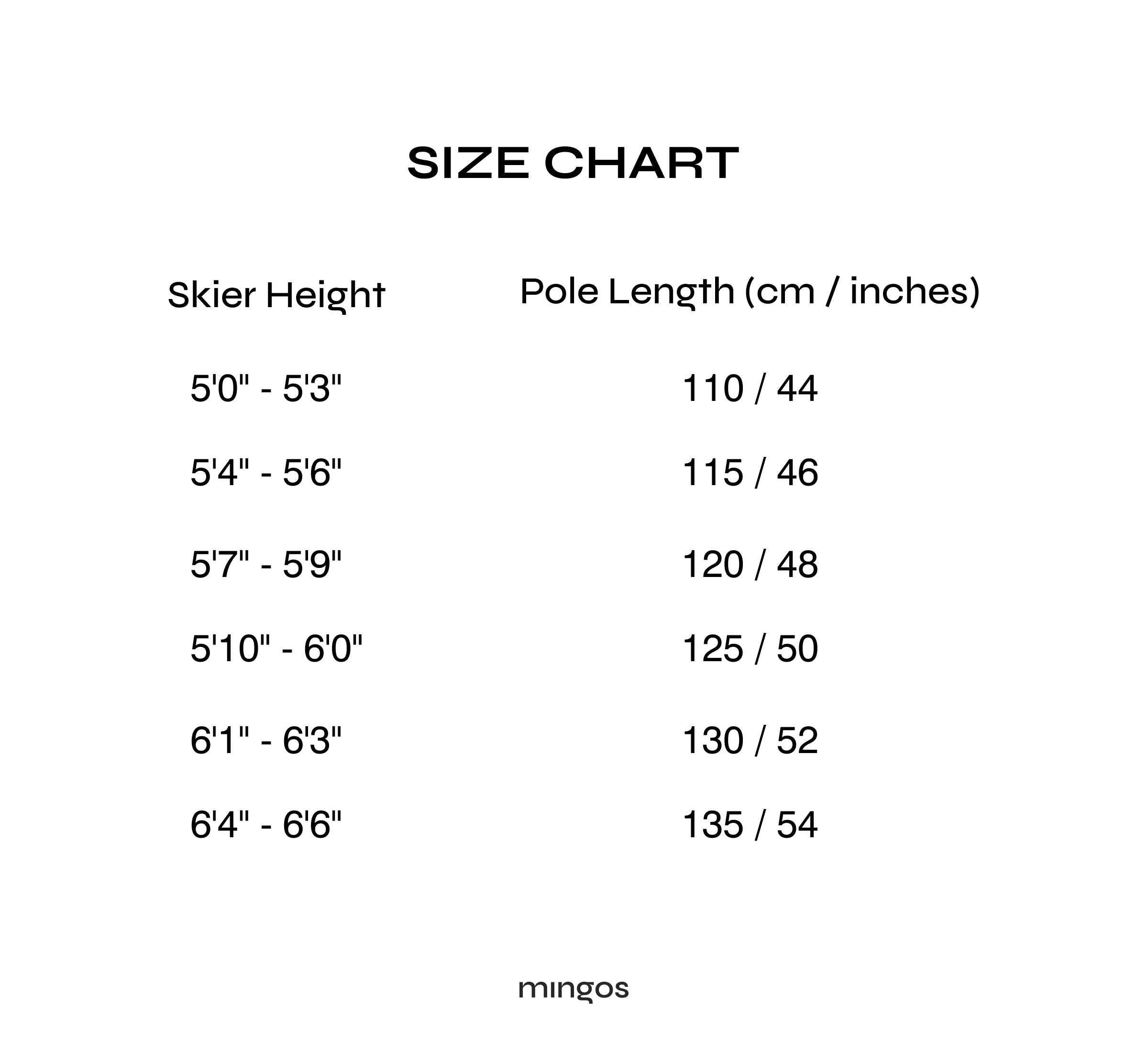 Size chart ski poles