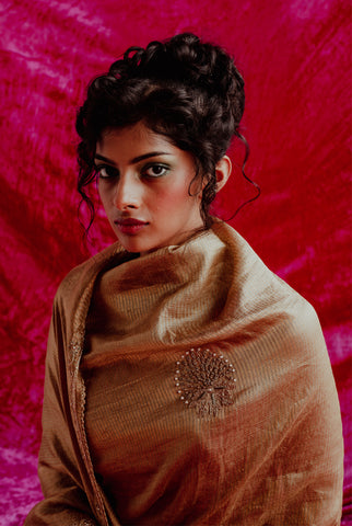 A woman wearing vintage green pure tissue saree