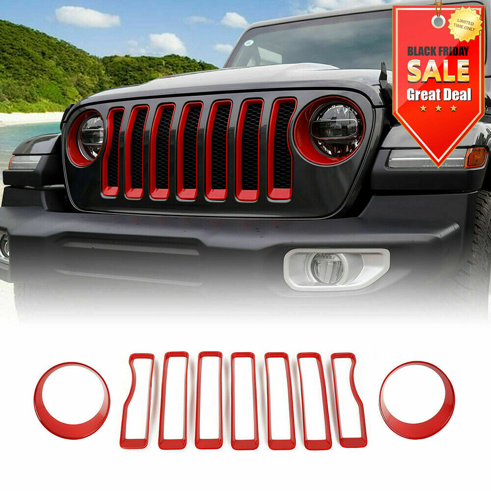 Red Front Grille Inserts & Headlight Cover Kit for 2018 Jeep Wrangler Jl  Sport from Weathers Auto Supply