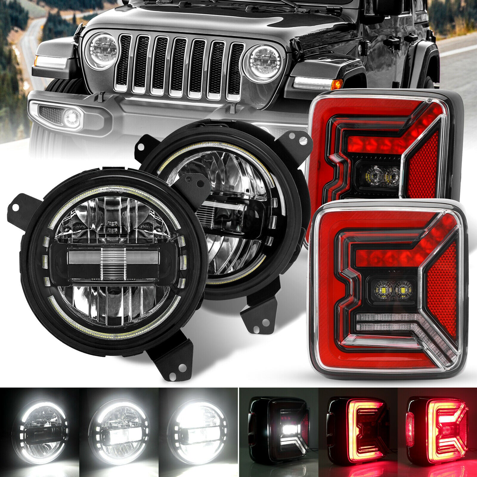 Black Housing 9 Inch Round LED Headlights & Rear Tail Lights Combo Kits for  2018-21 Jeep Wrangler Jl from Weathers Auto Supply