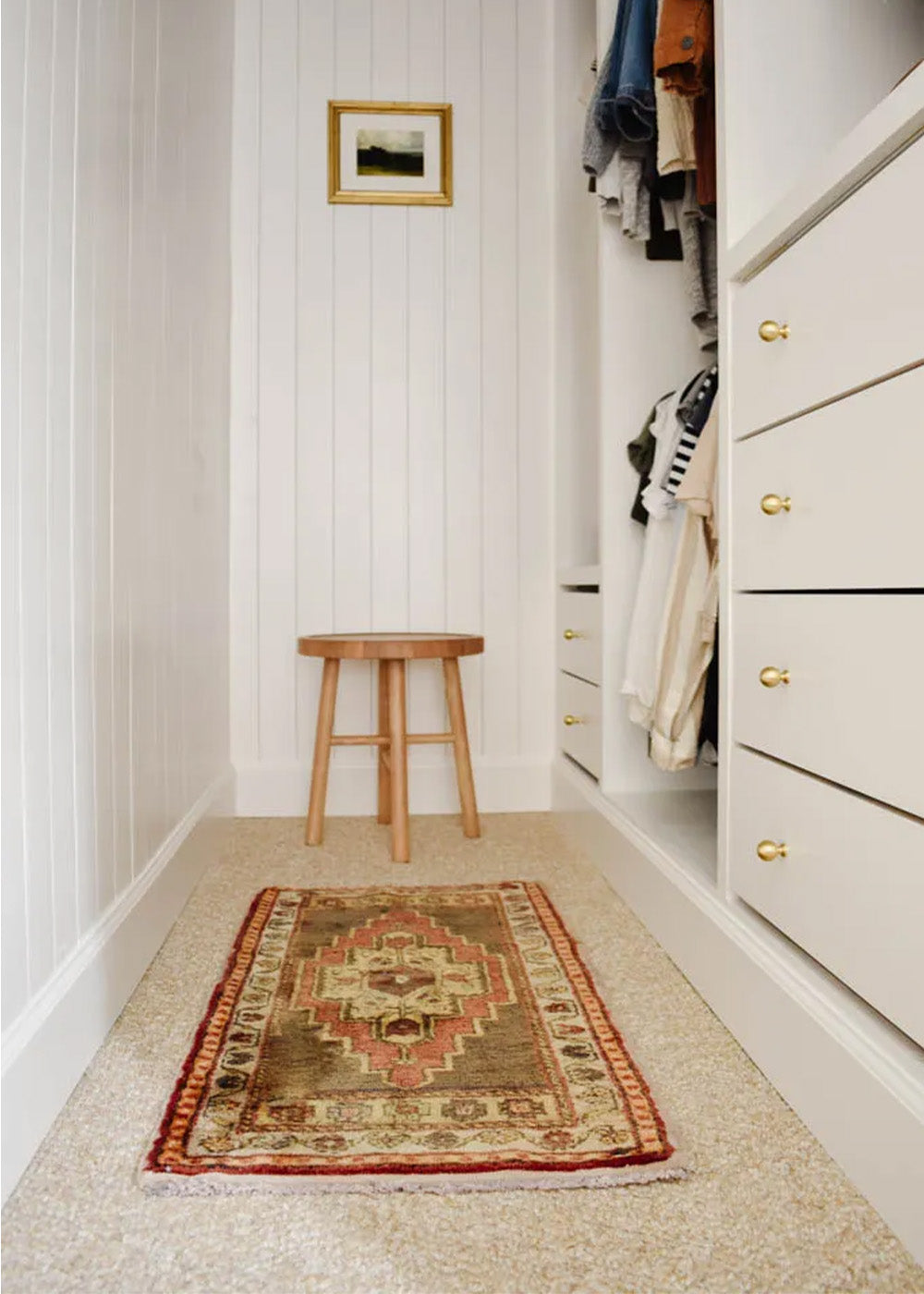 Walk-In closet styling tips with a vintage Turkish rug.