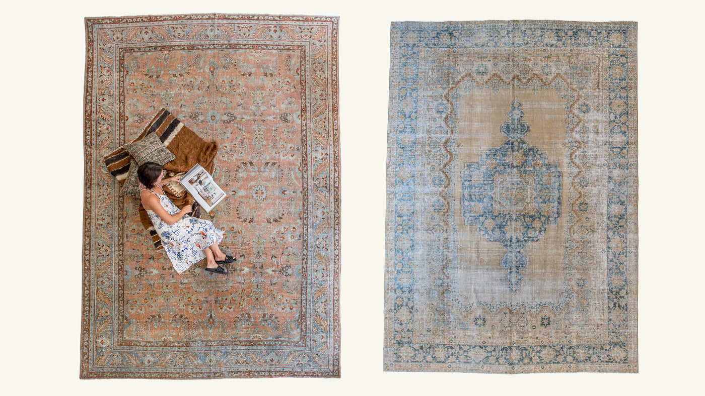 Vintage Persian oriental rugs, rug motif meaning: medallion design vs all over pattern design