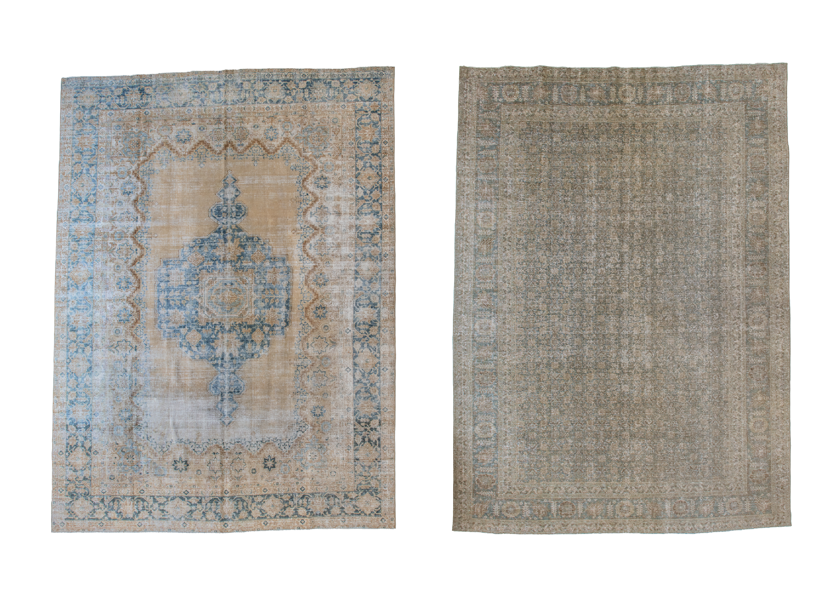 Two large blue and ivory toned antique persian Tabriz handmade rugs 