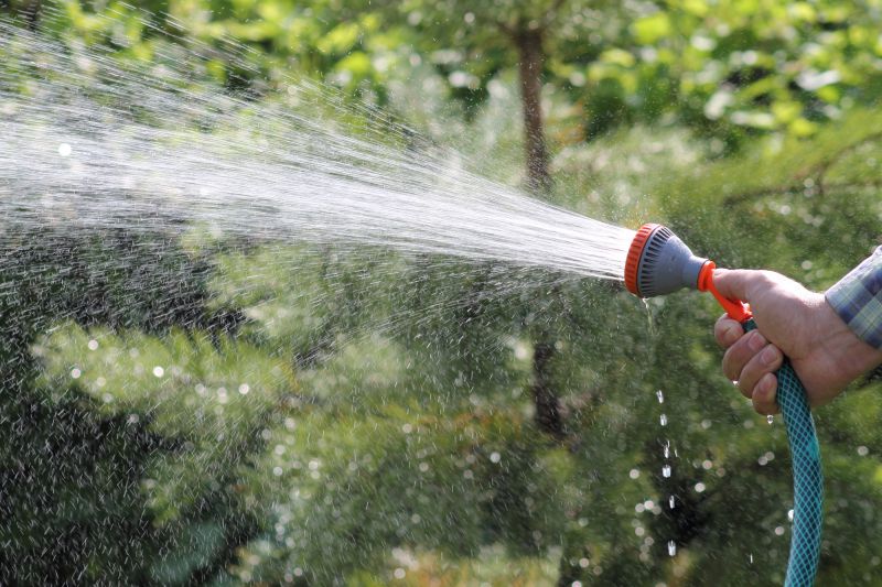 A person watering trees with a hose.
