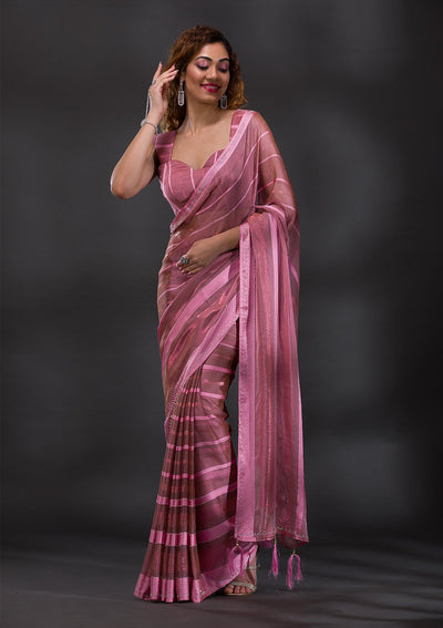 Buy Onion Pink Threadwork Chiffon Saree - Koskii