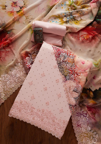 Light Pink Coloured Muslin Silk with Heavy Hand work Moti Lace work Wo –  Royskart