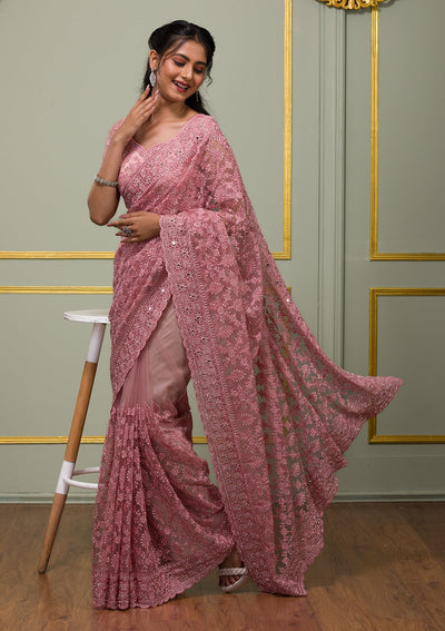 Buy Onion Pink Ruffle Saree For Women Online