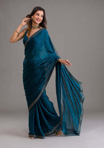 Buy Blue Crepe Printed And Life Aquatic Saree With Running Blouse Piece For  Women by Satya Paul Online at Aza Fashions.