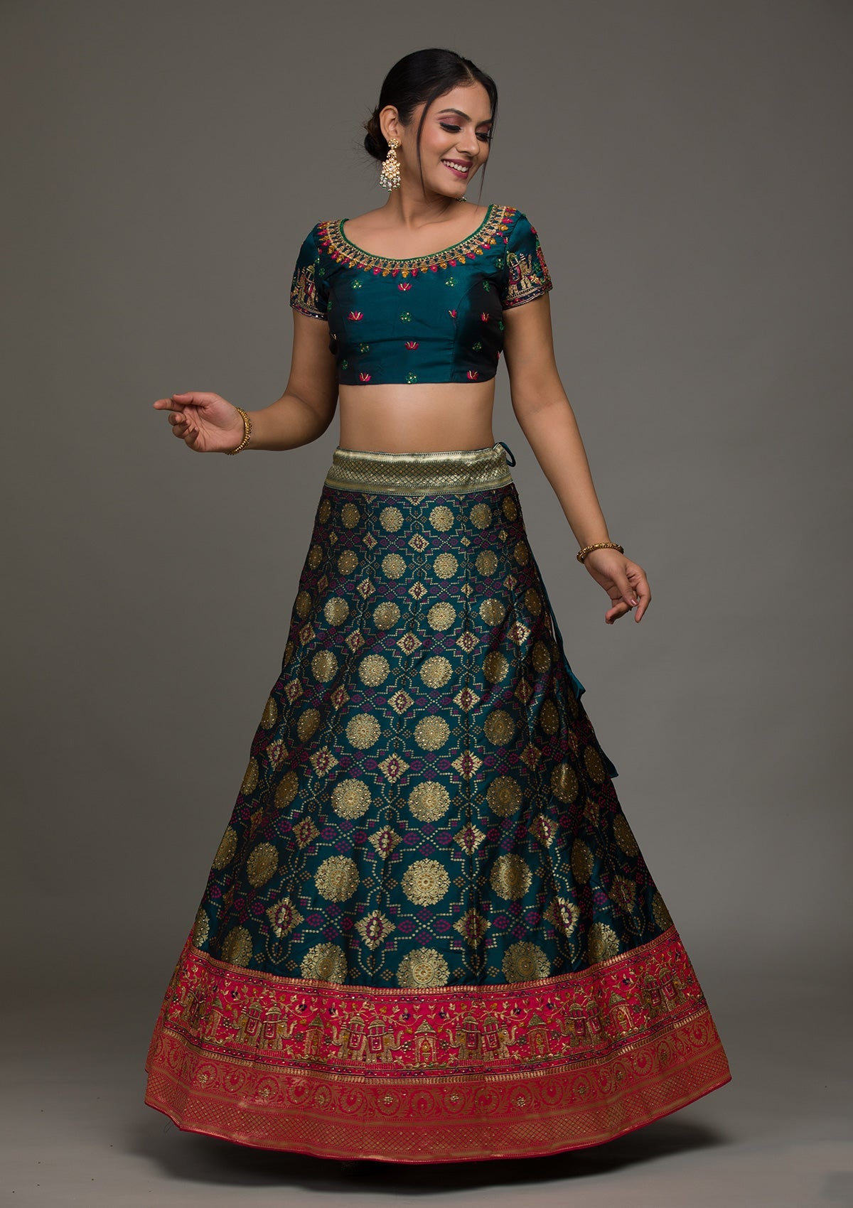 Peacock Green Zariwork Banarasi Semi Stitched Lehenga Koskii 6827