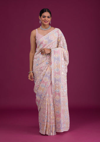 Shop Light Pink Heavy Embroidery Silk Saree Online in USA | Pink Blouse –  Pure Elegance