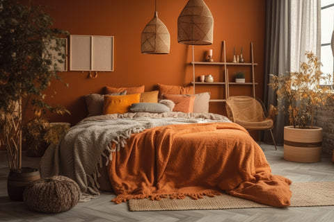 Warm bedroom aesthetic modern trendy design textures orange with soft textures and cozy vibes