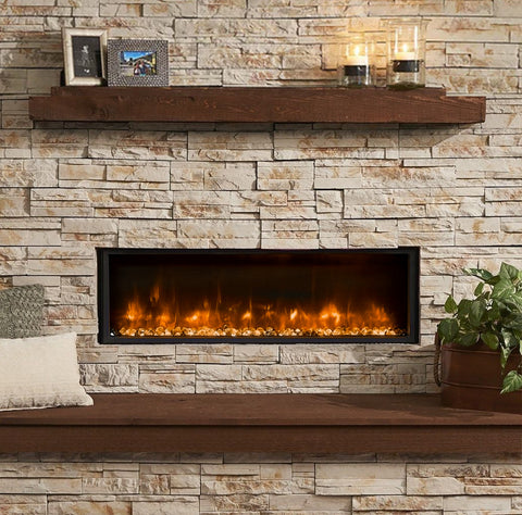 Modern electric fireplace installed in stone wall aesthetic good design